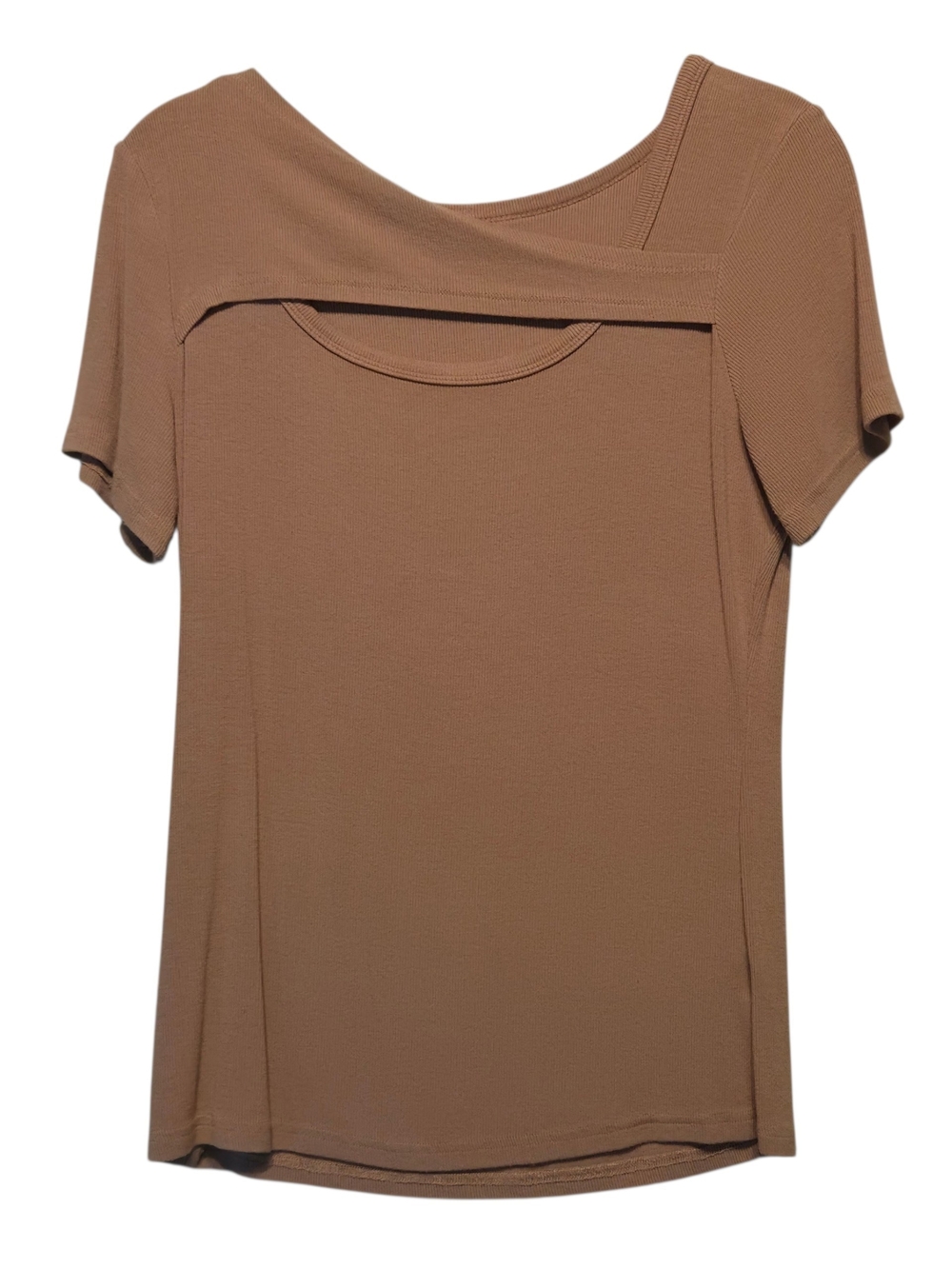 Minimalist Chic Inspirex Short Sleeve Layered Asymmetric Neck Brown Tee